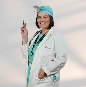 A woman is dressed up in a Halloween costume as a surgeon.